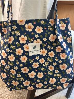 Navy Floral Canvas Tote Bag with Pink Blossoms